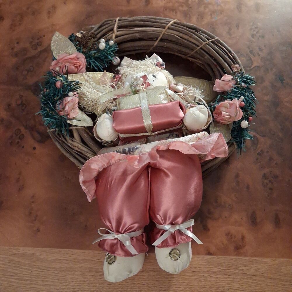 vintage christmas angel doll grapevine wreath pink satin floral holiday wall...
